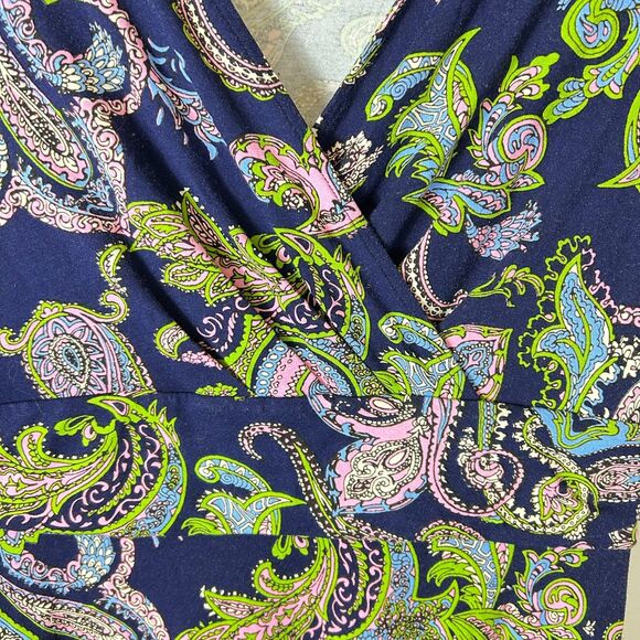 Talbots Navy Multi Paisley Surplice V-Neck SS Fit and Flare Midi Dress Size M - Picture 6 of 11
